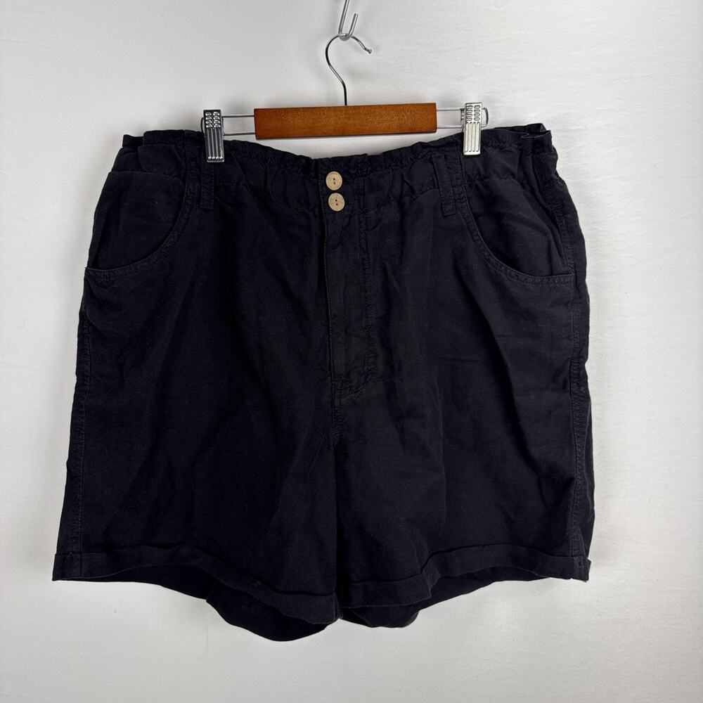 Sundance Womens Flat Front Cuff Shorts Size L Black Linen Cotton Minimalist New
